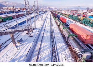 Freight Trains On Slyudyanka Station. Trans Siberian Railway. Russia.