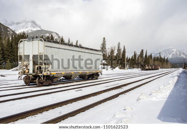 Freight Wagon in a Snow Covered Train Depot in\
the Mountains on a Cloudy Winter\
Day