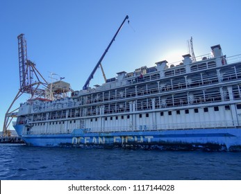 Fremantle, WA, Australia - June 21 2014: Live Cattle Export Ship Gets Ready To Load Another Shipment En Route To Asia Or The Middle East. This Trade Is Currently In The News And Is Controversial.