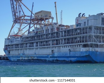 Fremantle, WA, Australia - June 21 2014: Live Cattle Export Ship Gets Ready To Load Another Shipment En Route To Asia Or The Middle East. This Trade Is Currently In The News And Is Controversial.