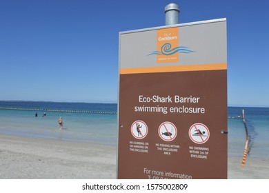 FREMANTLE, WA - NOV 27 2019:Eco Shark Barrier Sign On A Beach. In Australia, There Has Been An Average Of 16.3 Shark Attacks A Year Since 1988.