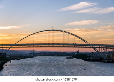 Fremont Bridge In Portland, Oregon At Sunset At The End Of A Beautiful Summer Day