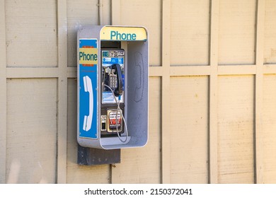 Fremont, CA, USA - April 2, 2022:
Public payphone for emergency call on street.