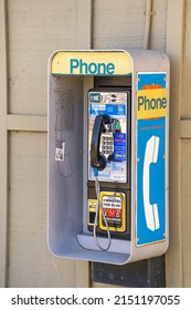 Fremont, CA, USA - April 2, 2022:
Public Payphone For Emergency Call On Street.