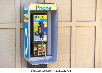 Fremont, CA, USA - April 2, 2022:
Public Payphone For Emergency Call On Street.