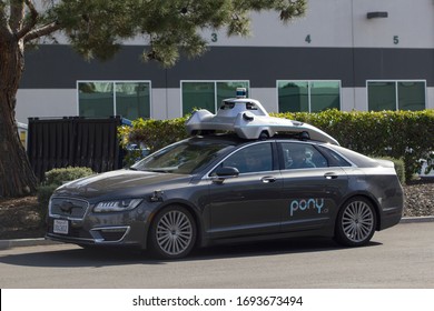 Fremont, CA, USA - Feb 28, 2020: Autonomous driving startup Pony.ai branded self-driving car is seen undergoing testing at the company's fremont campus in the Silicon Valley, California.