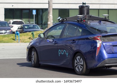 Fremont, CA, USA - Feb 28, 2020: Autonomous Driving Startup Pony.ai Branded Self-driving Car Is Seen Undergoing Testing At The Company's Fremont Campus In The Silicon Valley, California.