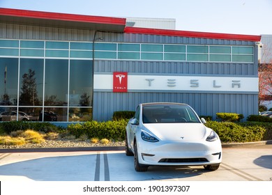 Fremont, CA, USA - January 20, 2021: Tesla Factory Plant,  An American Electric Vehicle And Clean Energy Company Based In Palo Alto, California