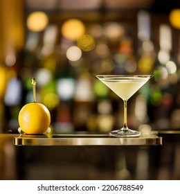 French 75 Cocktail. Glossy Photograph. Studio Lighting. Bokeh Lights. Bar Background.