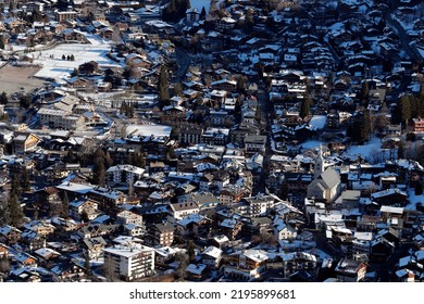 French Alps. Aerial View Of Megeve In Winter.  France. 