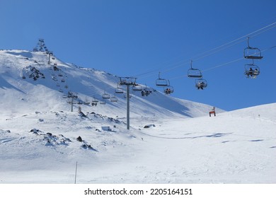 French Alps Skiing In Winter Snow. Valloire Ski Resort In Europe.