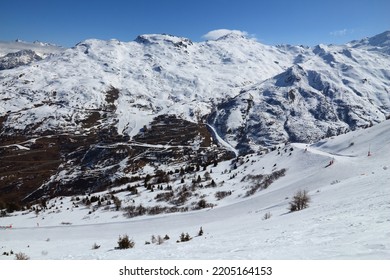 French Alps Skiing In Winter Snow. Valmeinier Ski Resort In Europe.