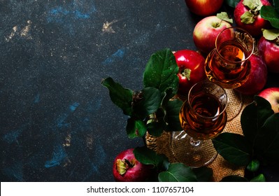 French Apple Brandy Or Calvados, Dark Drink Autumn Background, Top View