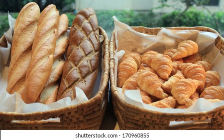 French Baguette And Croissant On Buffet Line