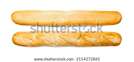 French baguette isolated. Long bread loaf, two fresh cereal buns, whole traditional baguettes, wheat baguette on white background top view