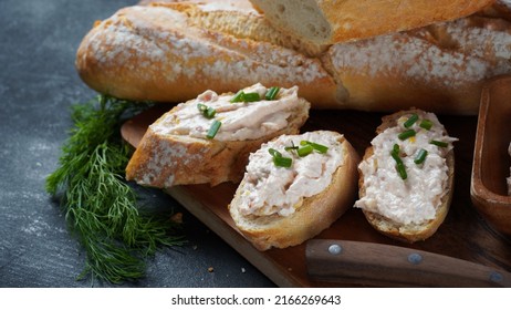 French Baguette With Or Sandwiches With Smoked Salmon And Soft Cream Cheese Pate Or Mousse 