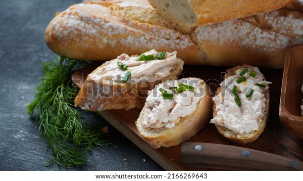 French baguette with or Sandwiches\
with smoked salmon and soft cream cheese pate or mousse\
