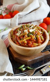 French Beans With Tomato Stew Close Up On A Dark Table