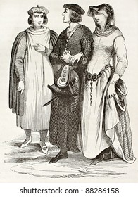 French bourgeois in traditional medieval clothes, old illustration. After manuscript of Miracles de Saint Louis,published on Magasin Pittoresque, Paris, 1844 - Shutterstock ID 88286158