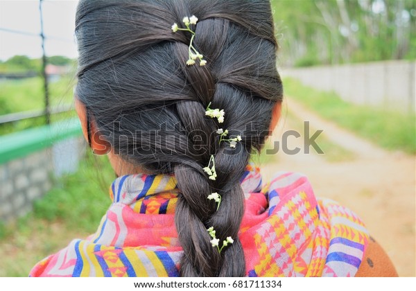 French Braid Hairstyle Decorated White Flowers Stockfoto