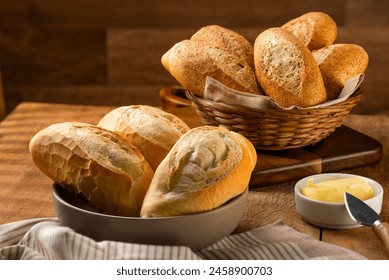 French bread in the basket with rustic background
