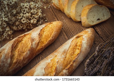 
French bread on the wood table