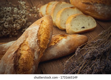 
French bread on the wood table