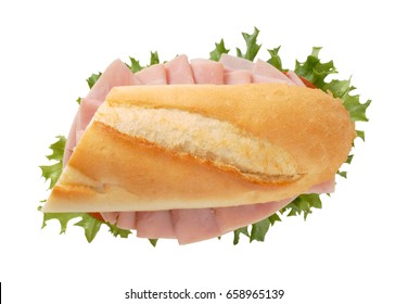 French Bread Sandwich With Ham On White Background
