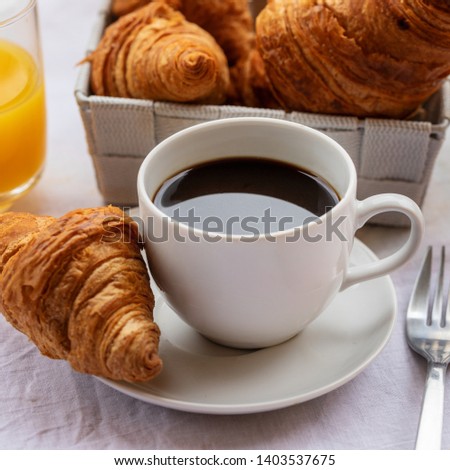 Similar – Image, Stock Photo Morning Breakfast In Green Garden With French Croissant, Coffee Cup, Orange Juice, Tablet and Notes Book On Wooden Table