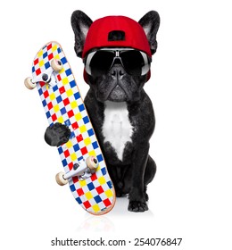 french bulldog dog, as a skater with red cap and skateboard, isolated on white background