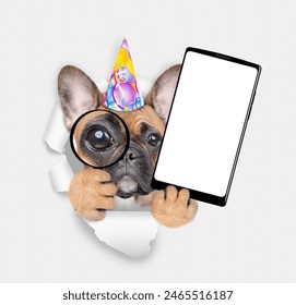 French bulldog puppy wearing party cap looks thru a magnifying lens looks through a hole in white paper and holds big smartphone with white blank screen in it paw - Powered by Shutterstock