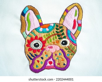 French Bulldog Sugar Skull Frenchie Cute Dog Animal Day Of The Dead Illustration Design Hand Embroidery Handmade Craft Pattern Surreal Face Abstract Art Color Needlework Colorful Thread Fabric Textike