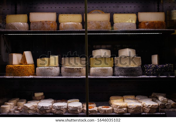 French cheese on market\
counter