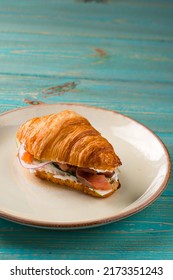 French Croissant With Salmon, Delicious Brunch, Breakfast Croissant Sandwich With Salmon