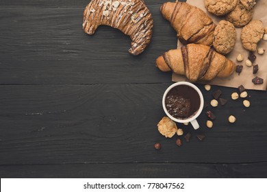 French Croissants And Coffee Background. Top View On Freshly Baked Pastry And Spices On Rustic Wood With Copy Space. Tasty Breakfast Concept, Mockup For Recipe Or Culinary Book