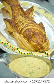 French Cuisine Baked Crusted Sea Bass With Sauce In Lyon In France