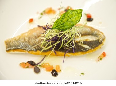 French Cuisine Fried Sea Bass Fish Dish In Lyon In France