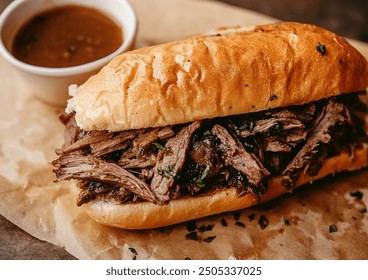 French dip sandwich with roast beef served with au jus on the side, professional food photo, top-down view composition, emphasizing detail and texture of the sandwich. - Powered by Shutterstock