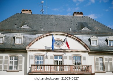 French And European Union Flags On The Historic Building Of Permanent Representation Of France To The Council Of Europe