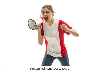 French Female Fan Celebrating On White Background. The Young Woman In Soccer Football Uniform As Winner With Megaphone Isolated At White Studio. Fan, Support Concept. Human Emotions Concept.