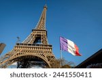 French flag ( flag of france) in front of the Eiffel Tower, 1889, Champ de Mars, Paris, France, Western Europe