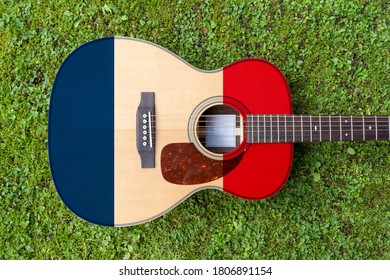 French   Flag Motif Painted On Wooden Steel String Acoustic Guitar