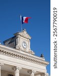 french flag on facade city hall liberte egalite fraternite text sign meaning in French liberty equality fraternity in Arcachon town hall near Bordeaux Gironde