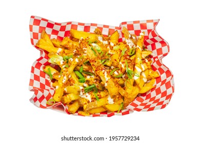 French Fries With Bacon Shavings, Chives, Tartar Sauce And Mustard Toppings Isolated On White Background  Overhead Shot 