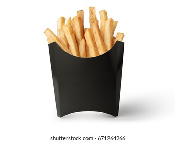 French Fries In A Black Box Isolated On White Background 