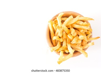 French Fries In Bowl. Top View With Copy Space