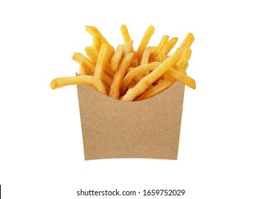 French fries in a brown kraft paper bag isolated on a white background
