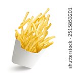 French fries bursting out from white paper box isolated on white