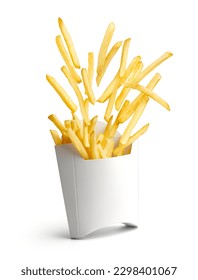 French fries bursting out from white paper box isolated on white