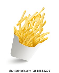 French fries bursting out from white paper box isolated on white